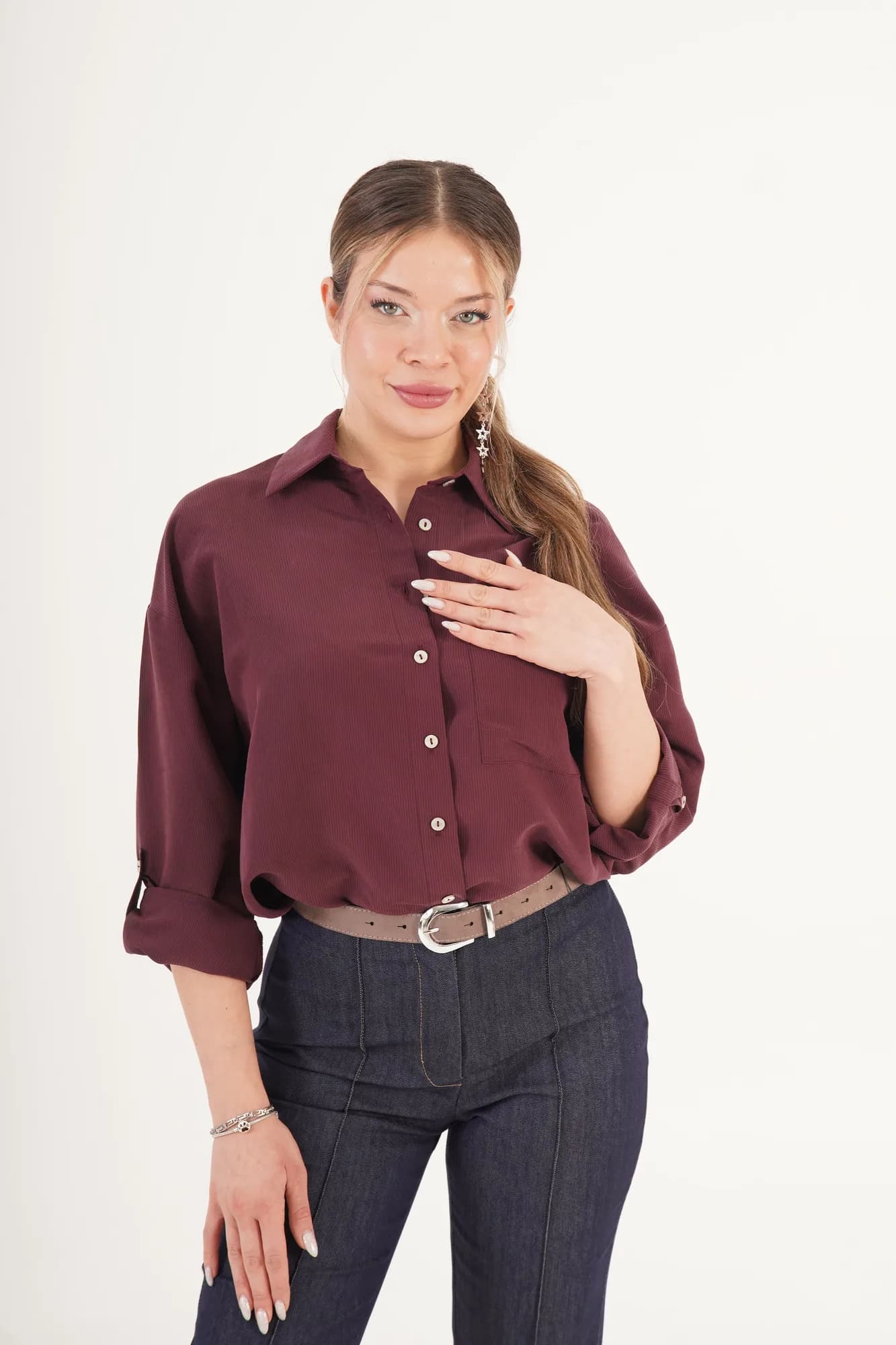 Minimal Soft Çizgili Bordo Toptan Gömlek - Bordo
