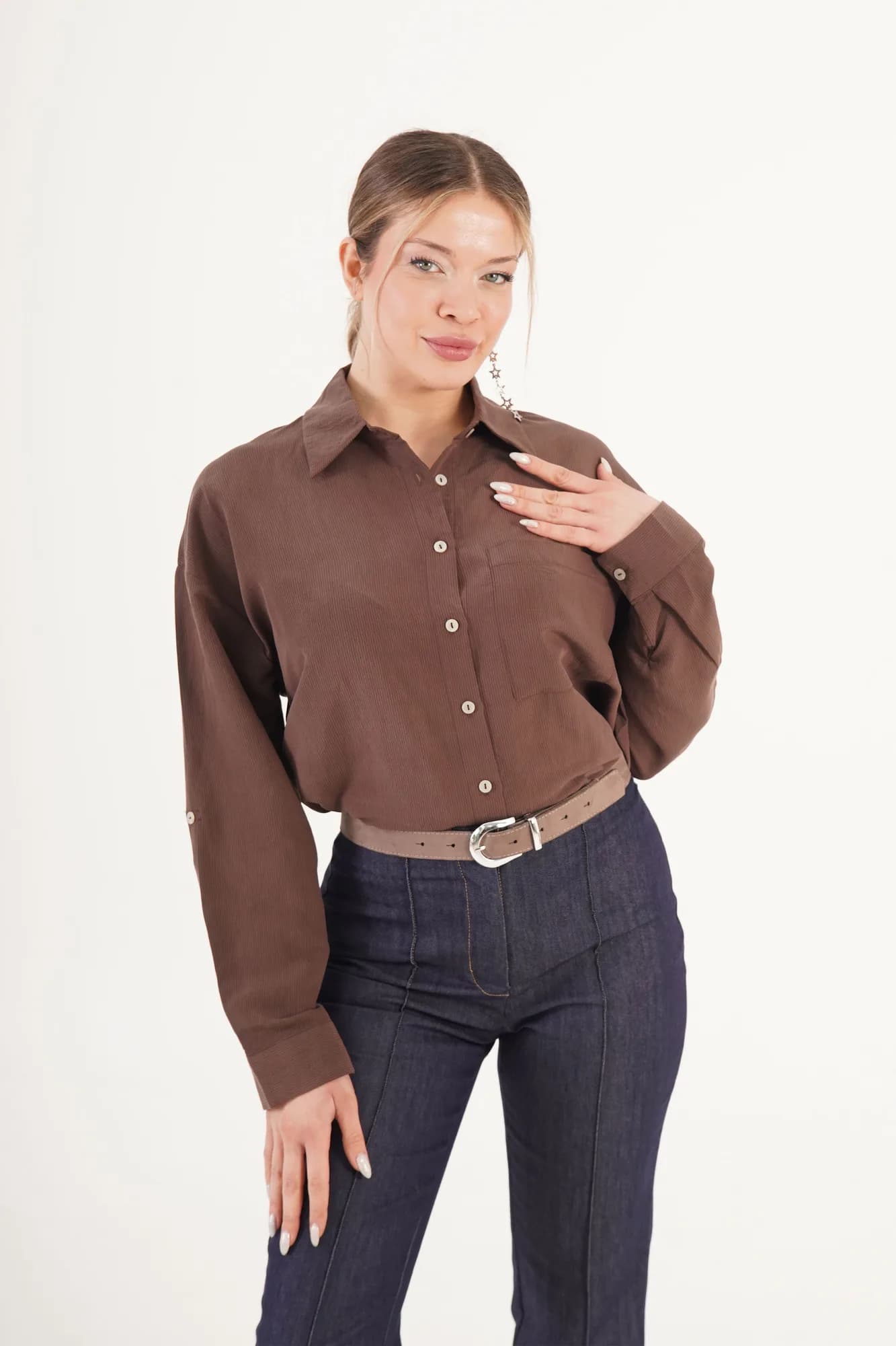 Minimal Soft Çizgili Kahve Toptan Gömlek - Kahverengi
