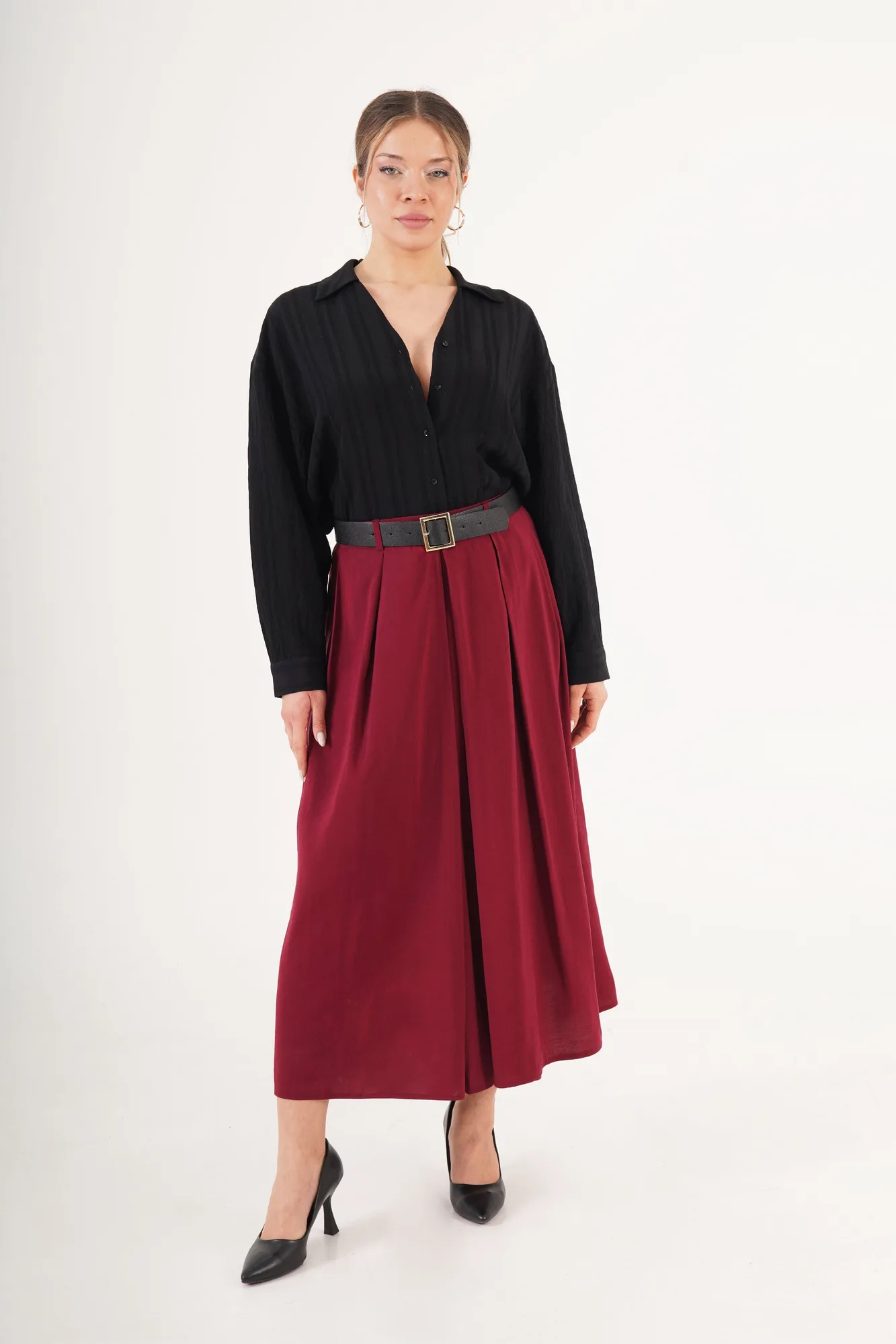 Kemerli Pilili Bordo Midi Toptan Etek - Bordo