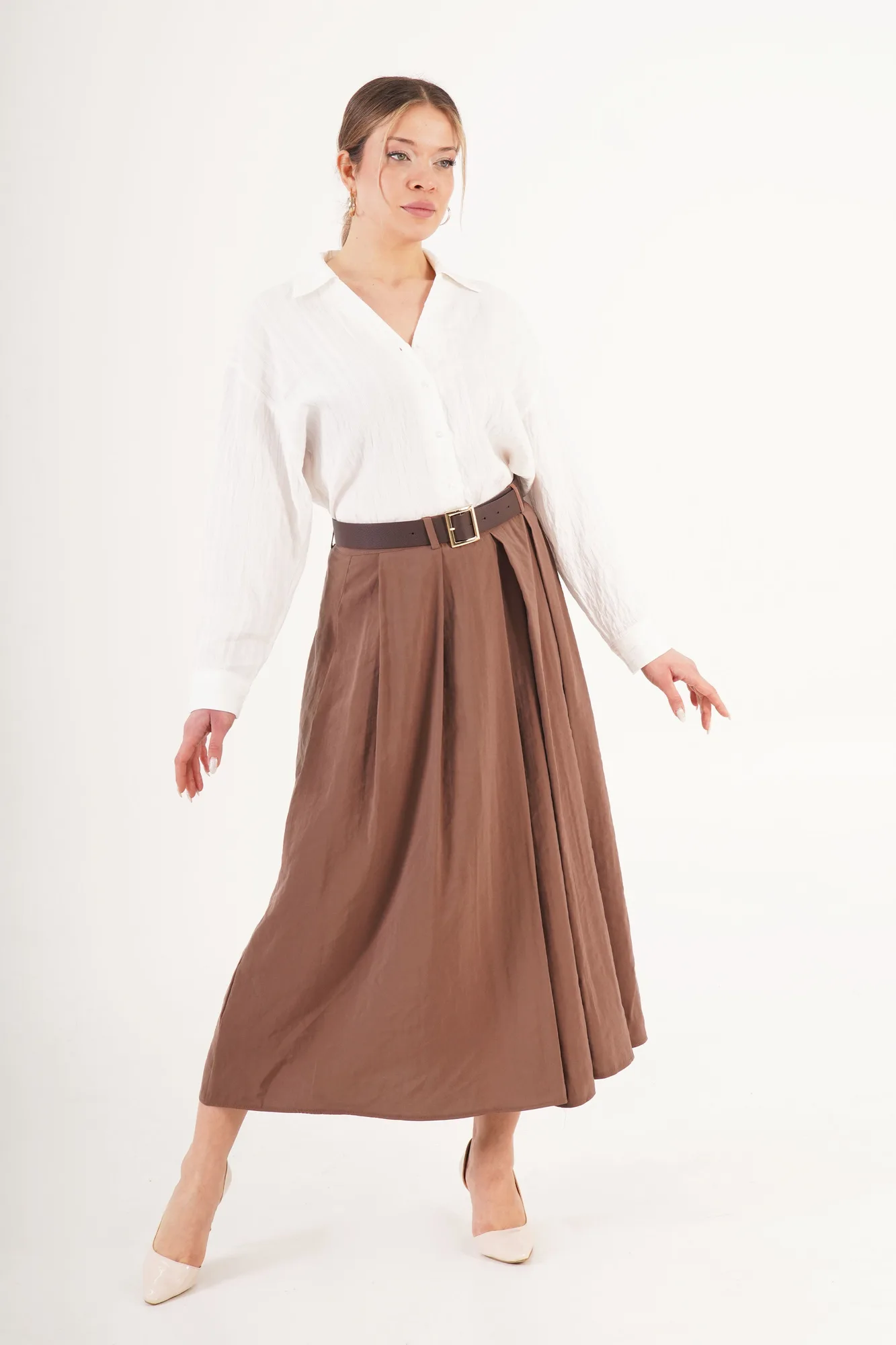 Kemerli Pilili Camel Midi Toptan Etek - Camel