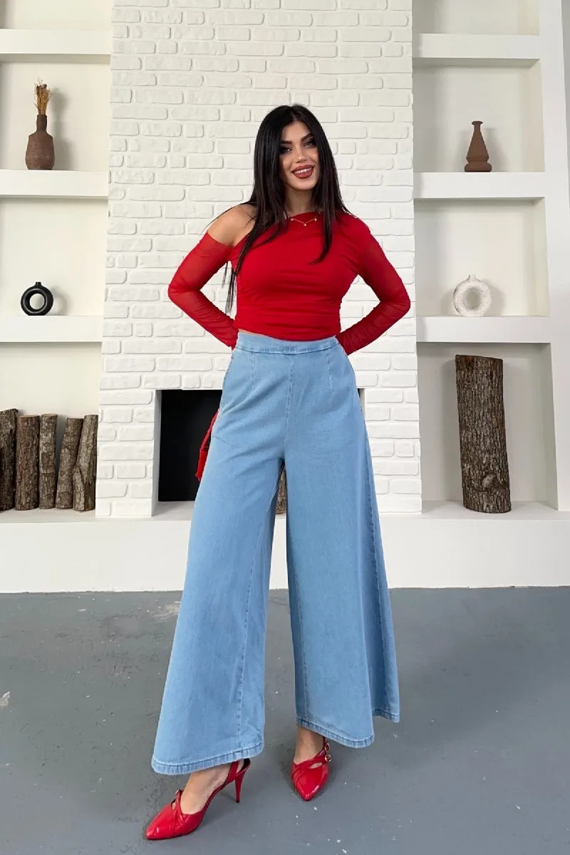 Arkası Lastikli Bol Paça Kot Pantolon 7120 - Açık Mavi Kot