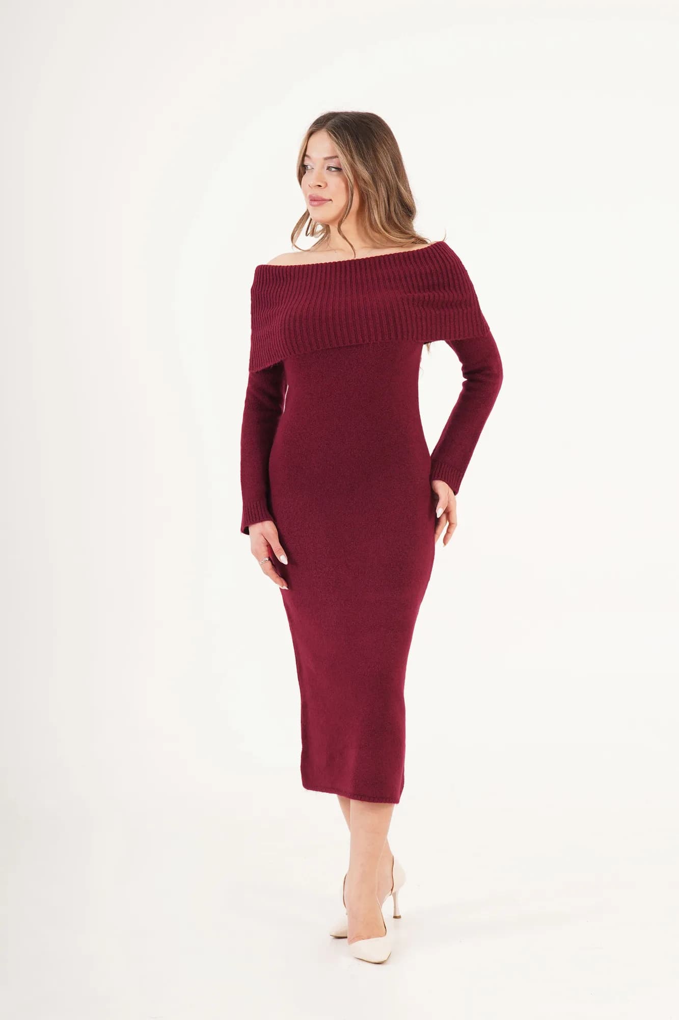 Madonna Yaka Toptan Bordo Triko Elbise - Bordo