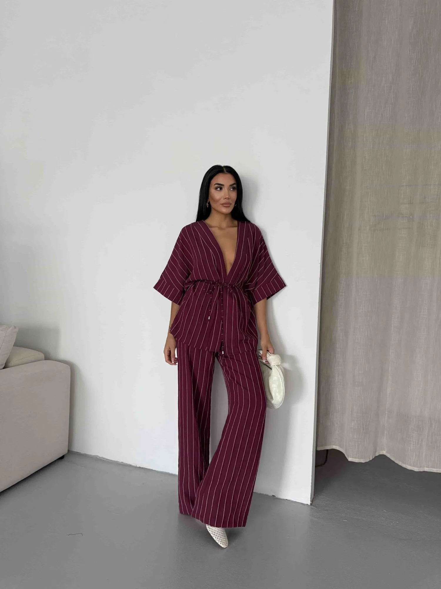 Çizgili Kimono Takım - Bordo