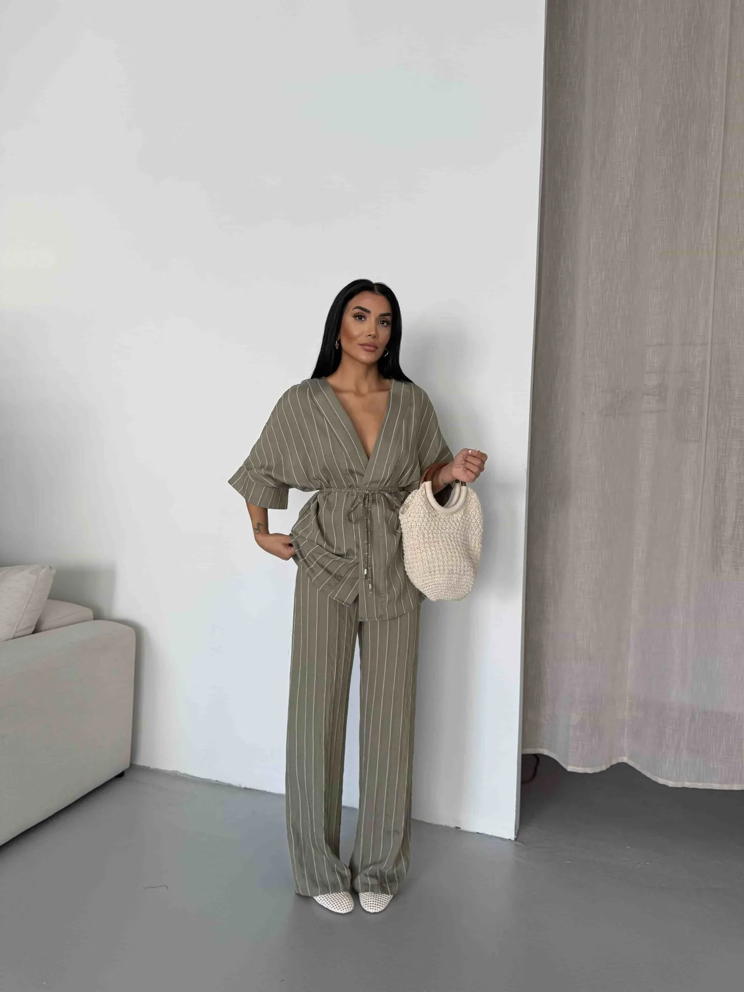 Çizgili Kimono Takım - Çağla