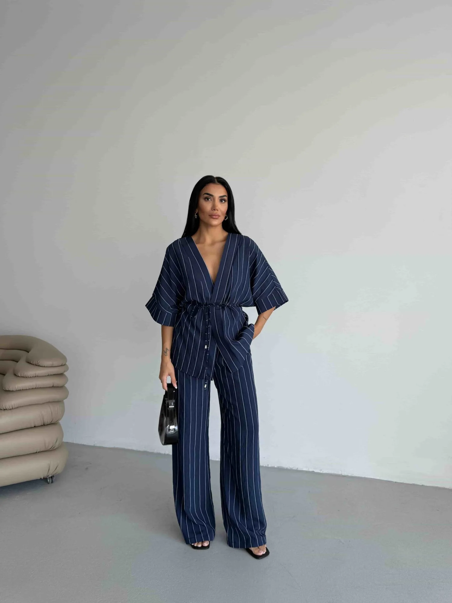 Çizgili Kimono Takım - Lacivert