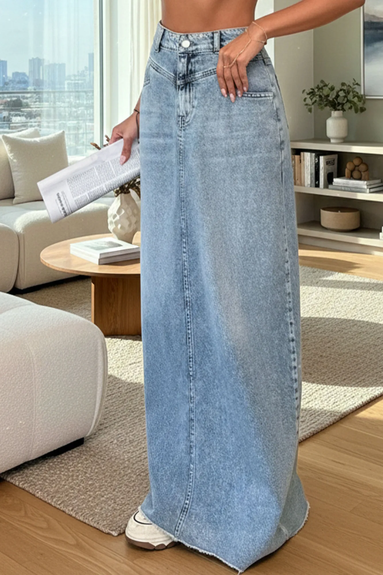 Yıkamalı Model Kadın Toptan Kot Uzun Etek - Kahverengi