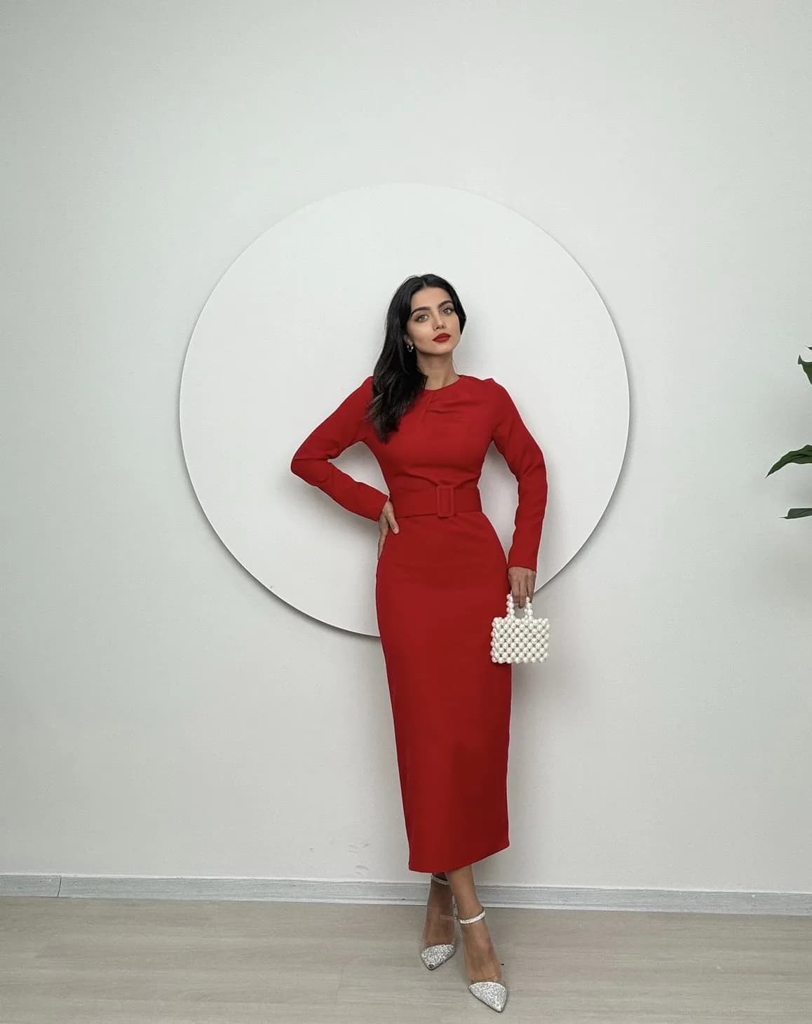 1009 YAKA DETAY ELBİSE - RED - KIRMIZI