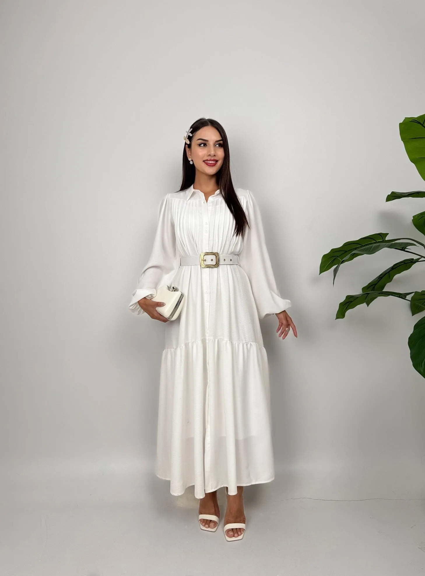 1015 NERVURLU İKİLİ ELBİSE - WHİTE - BEYAZ