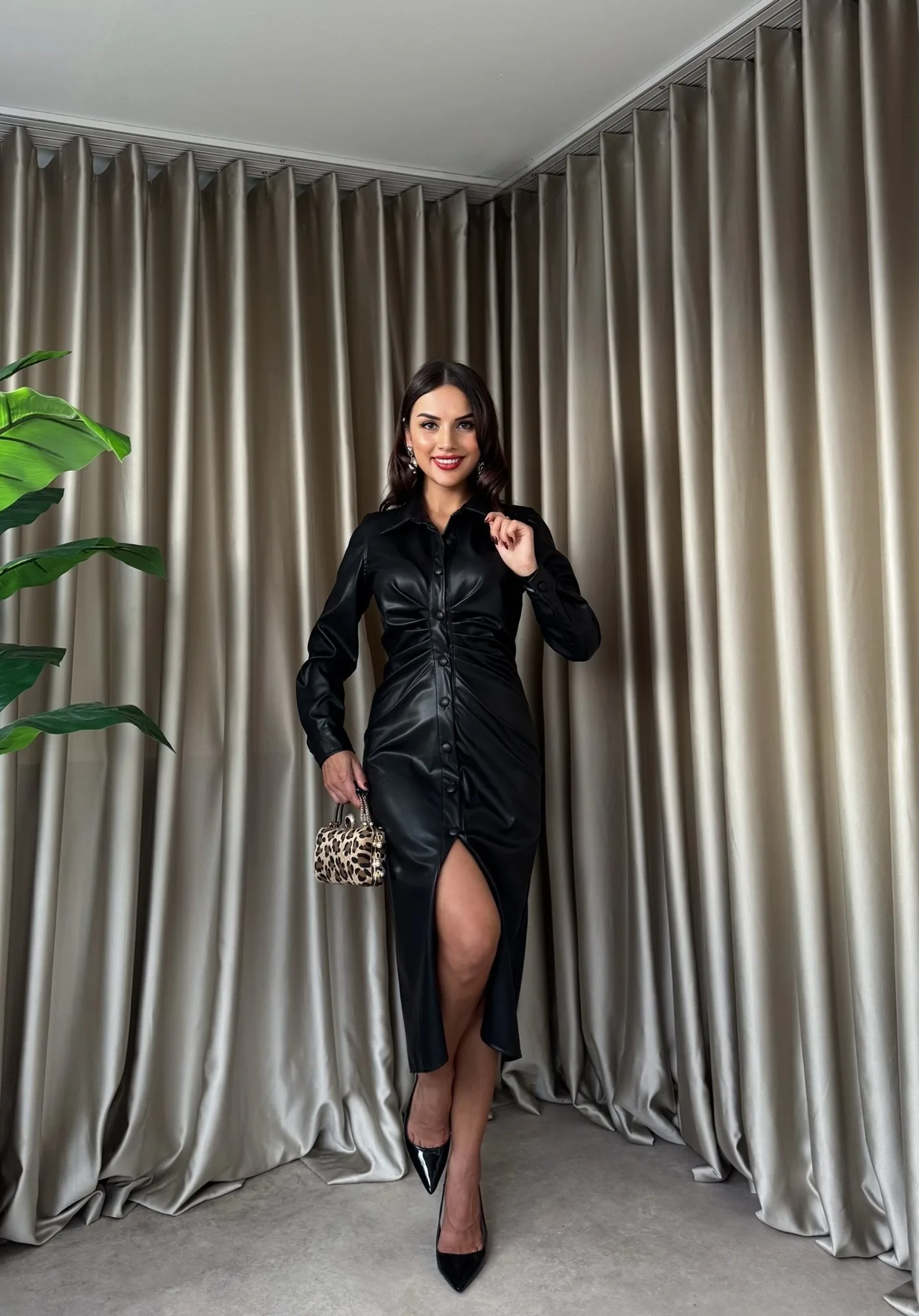 1057 ZARA LİNE DERİ ELBİSE - BLACK - SİYAH