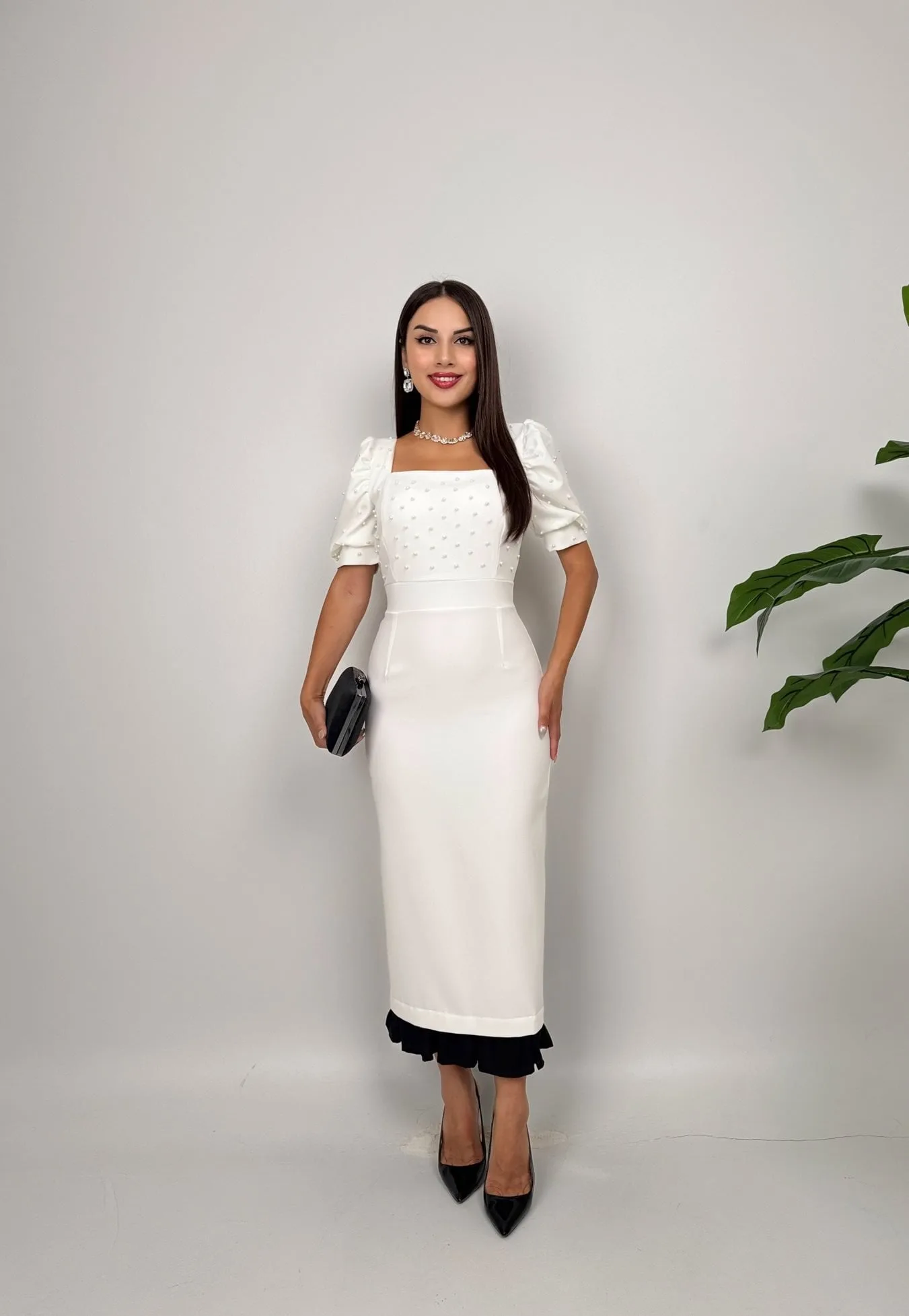 3005 İNCİ DETAYLI ELBİSE - BLACK - SİYAH