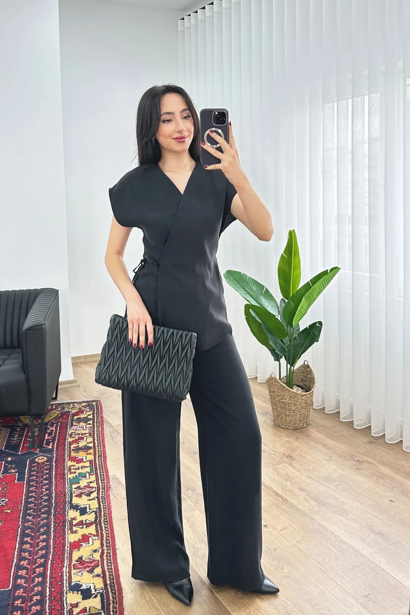 Modal Tek Düğme Kapamalı Oversize Siyah Toptan Takım - Siyah