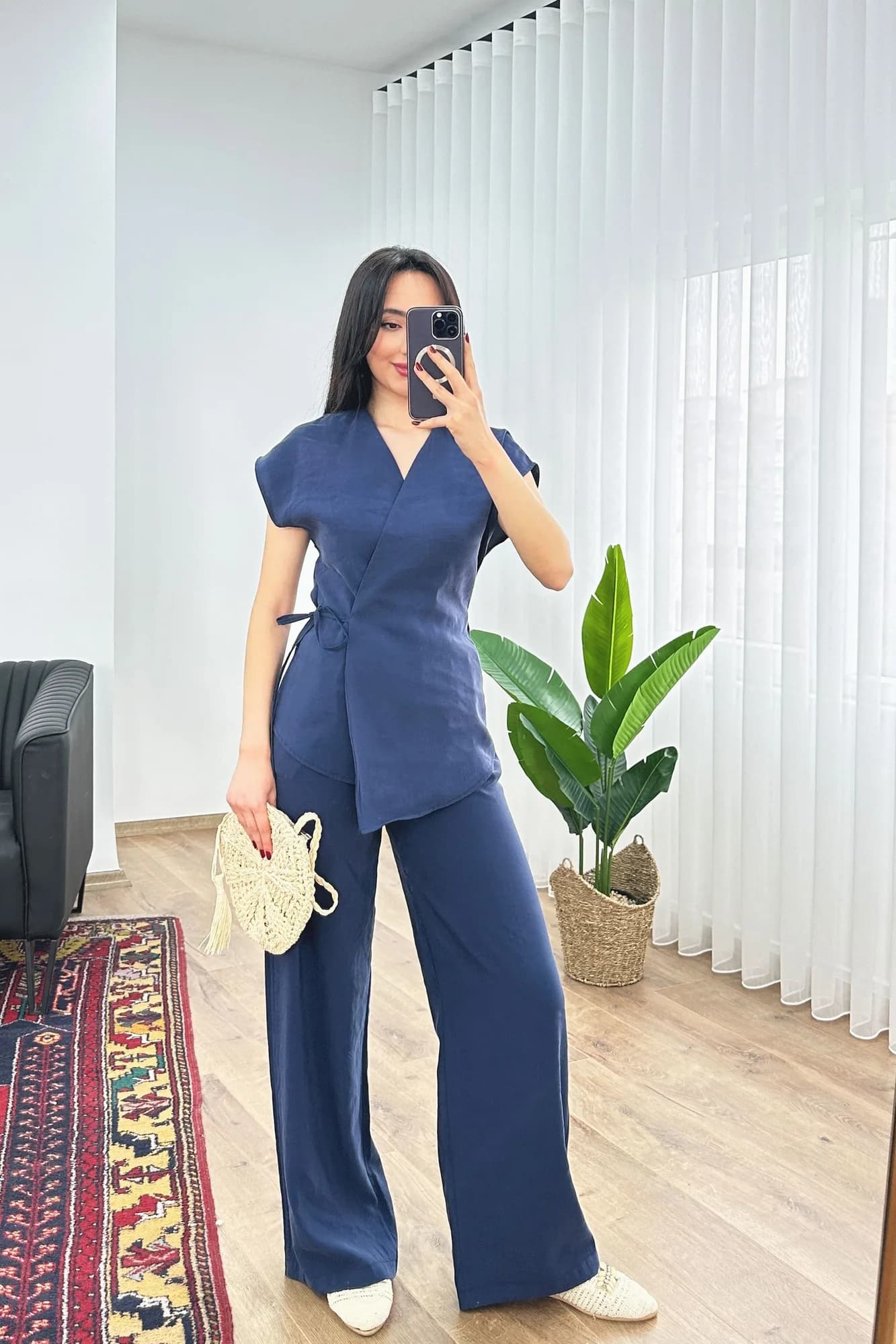 Modal Tek Düğme Kapamalı Oversize Lacivert Toptan Takım - Lacivert