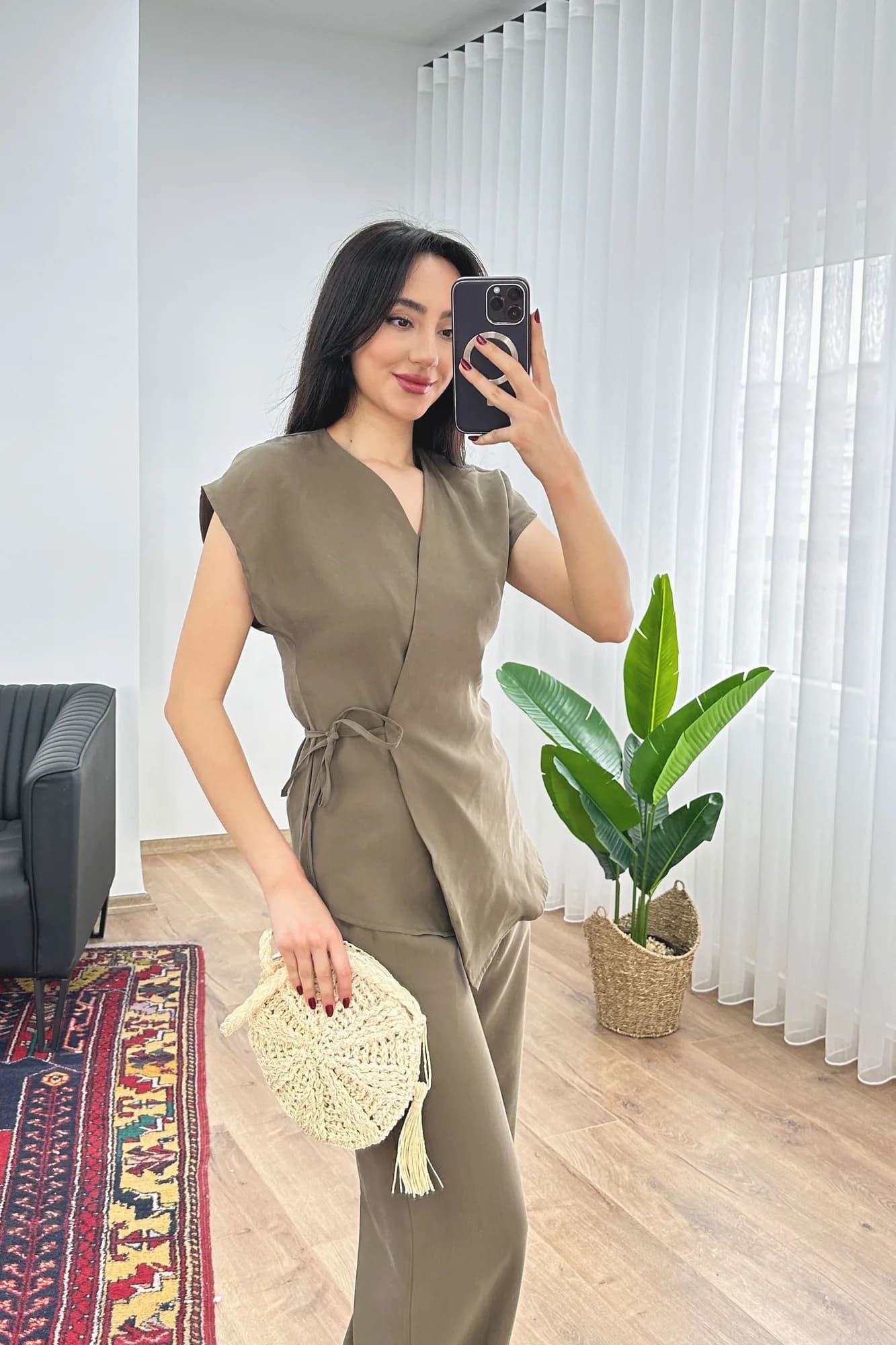 Modal Tek Düğme Kapamalı Oversize Haki Toptan Takım - Haki