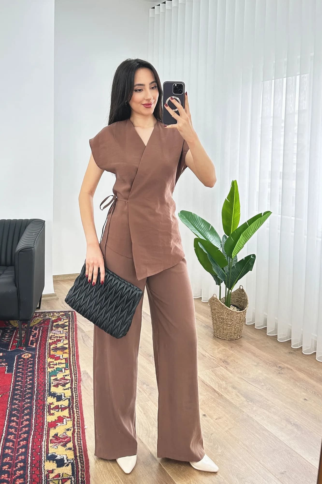 Modal Tek Düğme Kapamalı Oversize Camel Toptan Takım - Camel