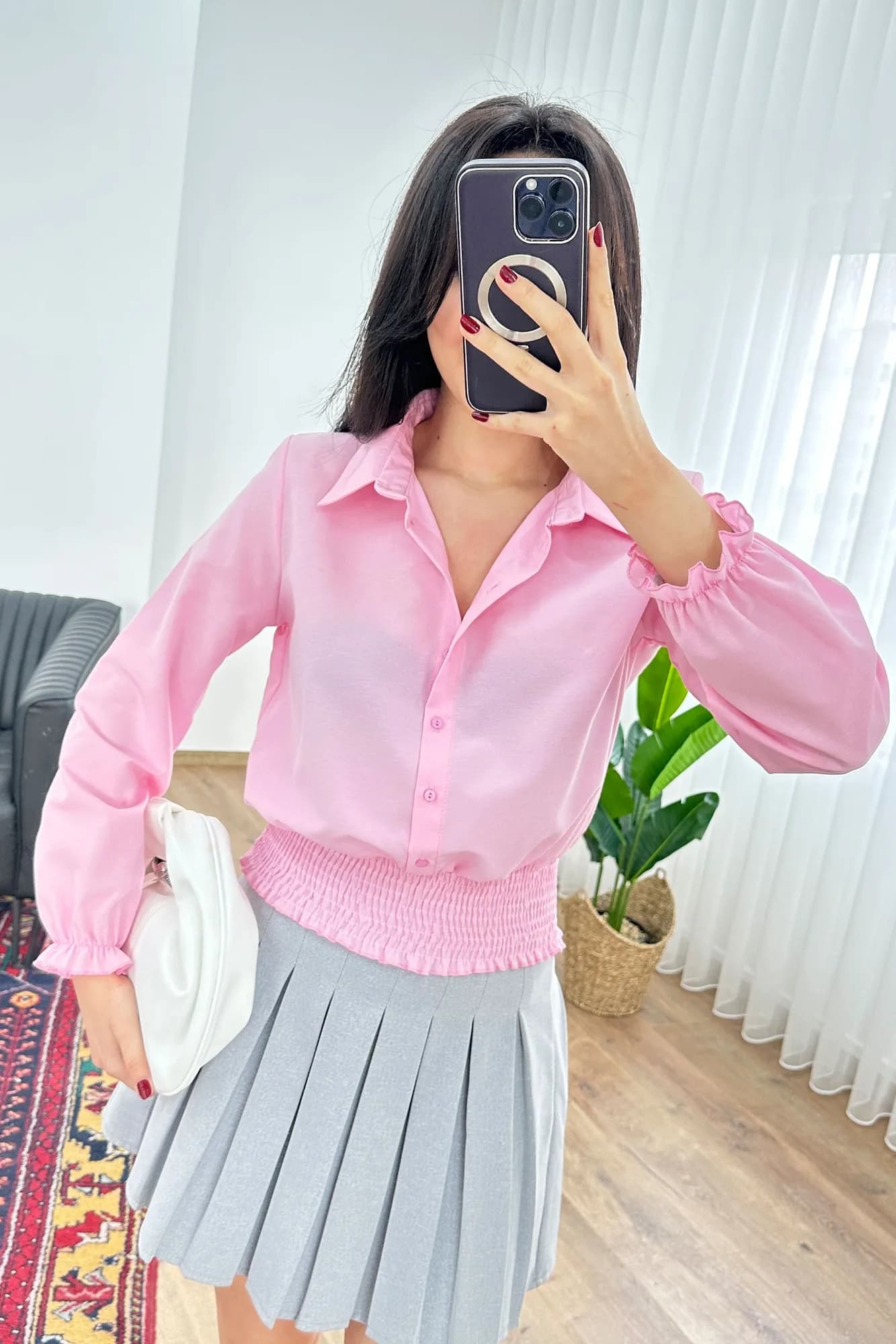 Eteği Gipeli Düğmeli Pembe Toptan Gömlek - Pembe