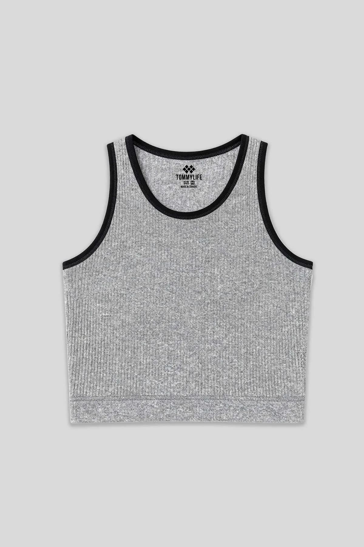 Tommylife Toptan Gri Melanj Basic Sıfır Kol Dar Kalıp U Yaka Kadın Crop Top - 97160 - GRİ MELANJ