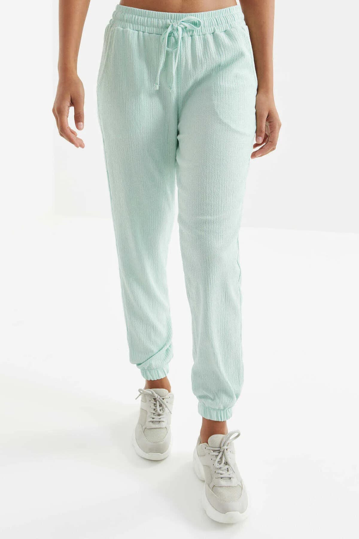 Tommylife Toptan Su Yeşili Bel Büzgülü Bağcıklı Jogger Bürümcük Kumaş Kadın Eşofman Alt - 94620 - SU YEŞİLİ