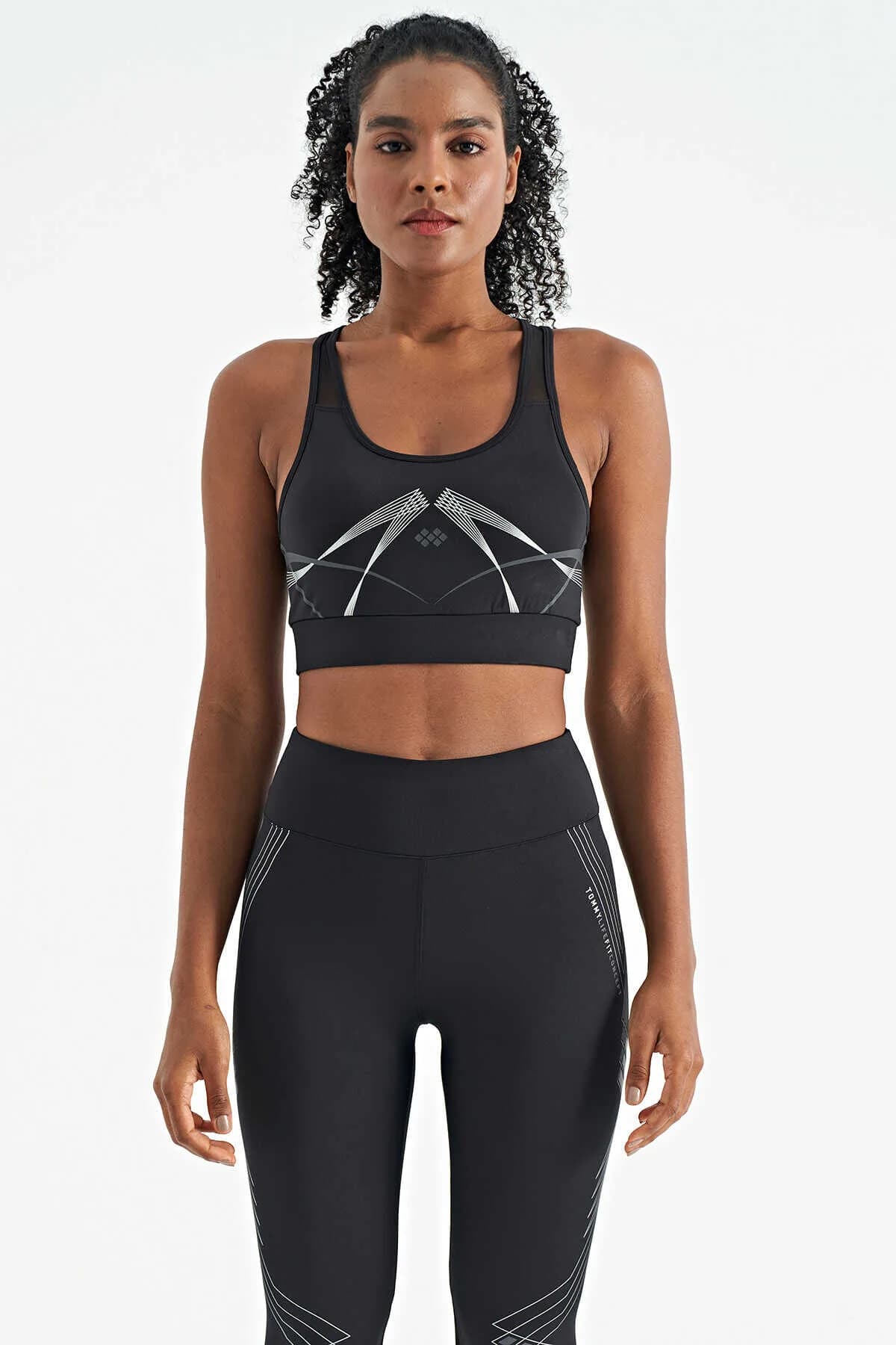 Tommylife Toptan Siyah Ön Arka Baskı Detaylı U Yaka Dar Kalıp Kadın Spor Büstiyer - 97252 - SİYAH
