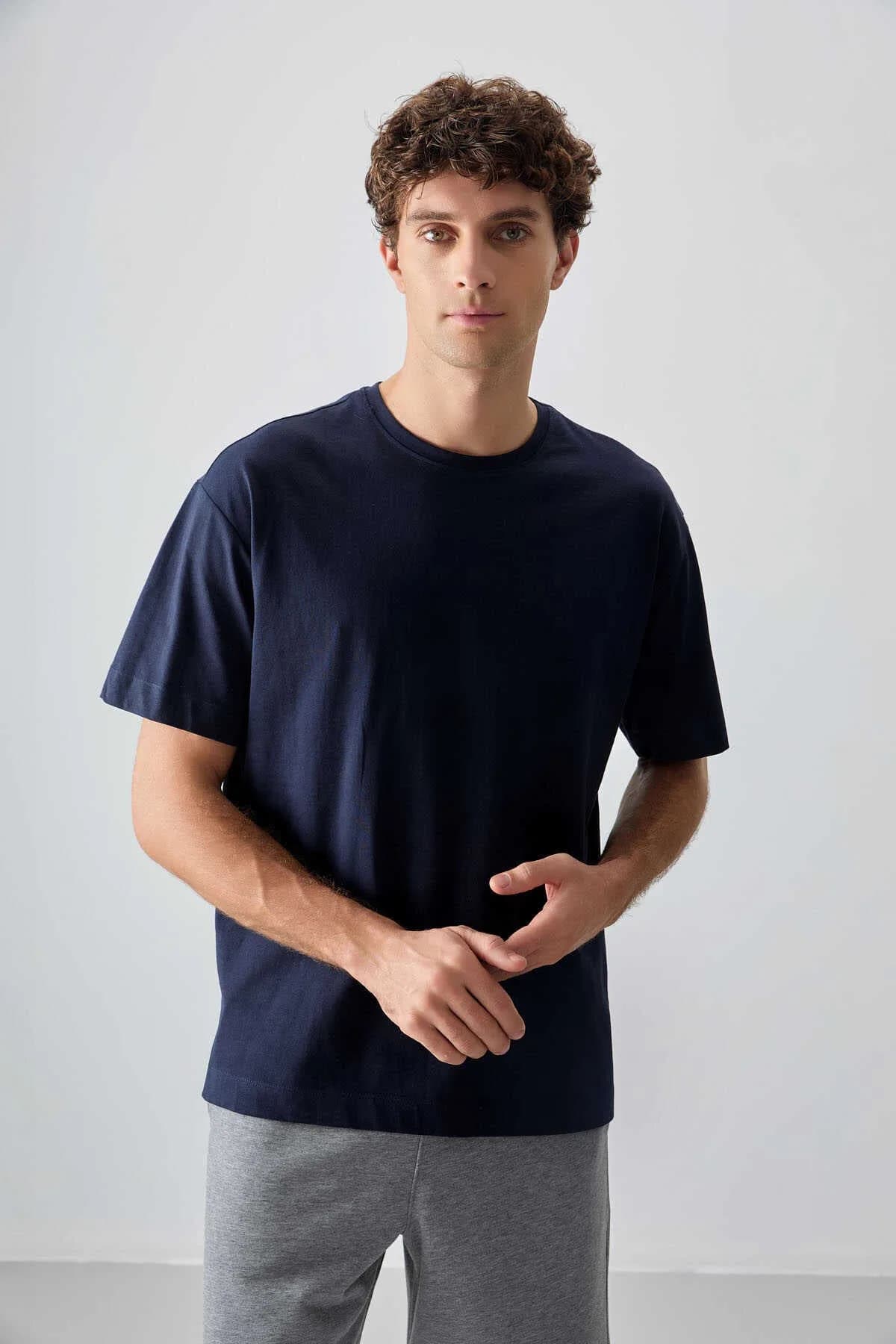 Tommylife Toptan O Yaka Oversize Basic Erkek T-Shirt 88353 Lacivert - LACİVERT