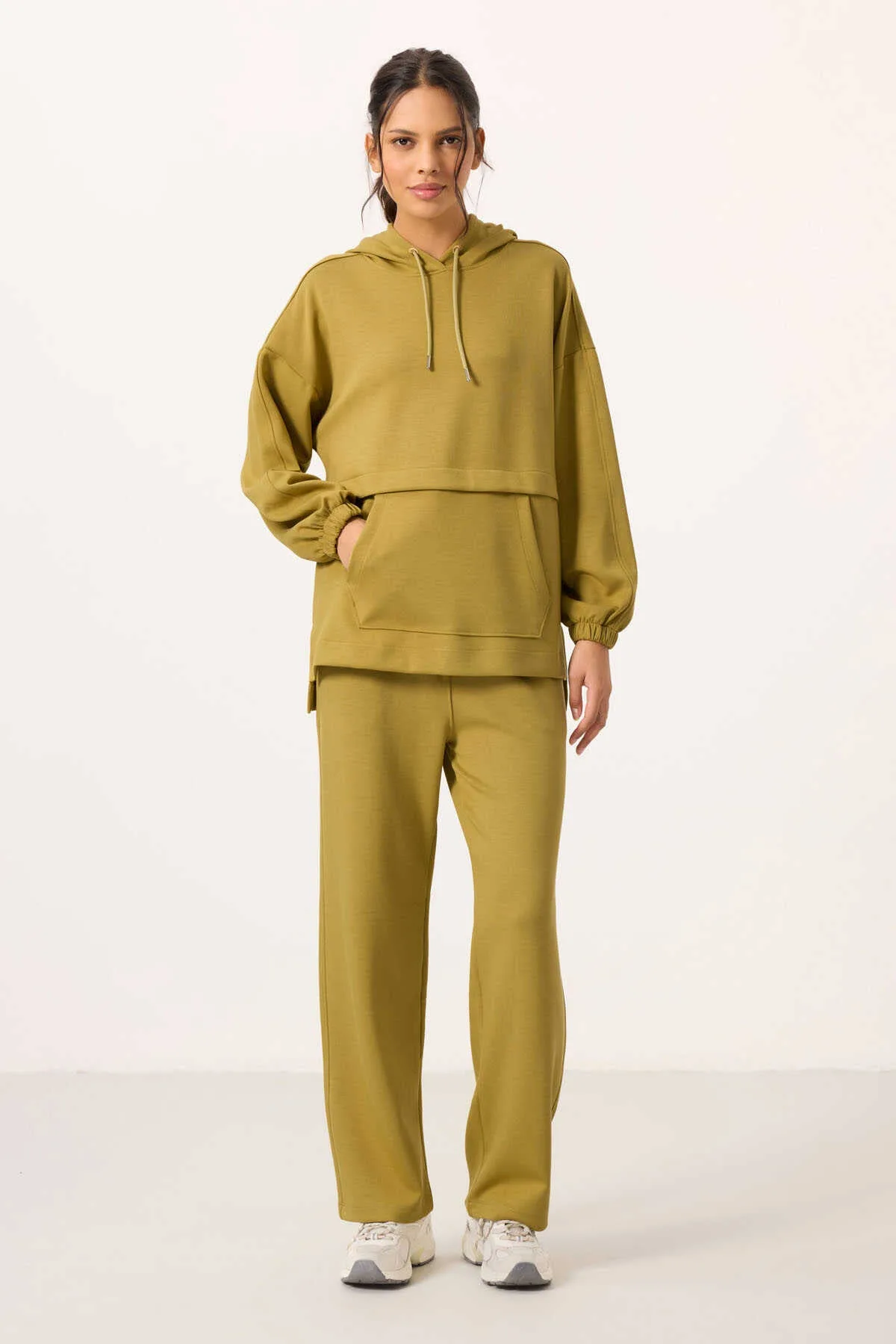 Tommylife Toptan Yumuşak Dokulu Kapüşonlu Oversize Kadın Eşofman Tunik Takım - 95348 Koyu Hardal - Koyu Hardal
