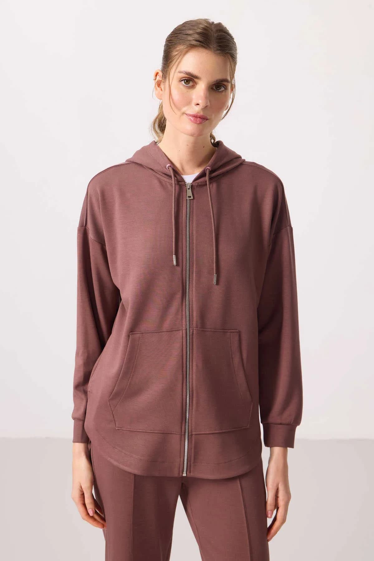 Tommylife Toptan Yumuşak Dokulu Kapüşonlu Oversize Kadın Tunik Sweatshirt - 97302 Siyah - Siyah