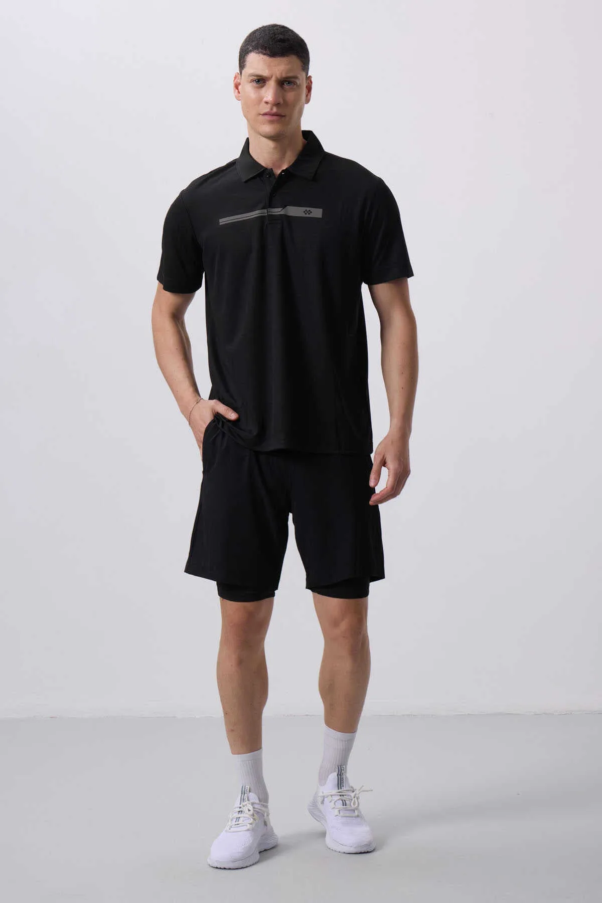 Tommylife Toptan Polyester Standart Kalıp Erkek Taytlı Şort 81287 Siyah - Siyah