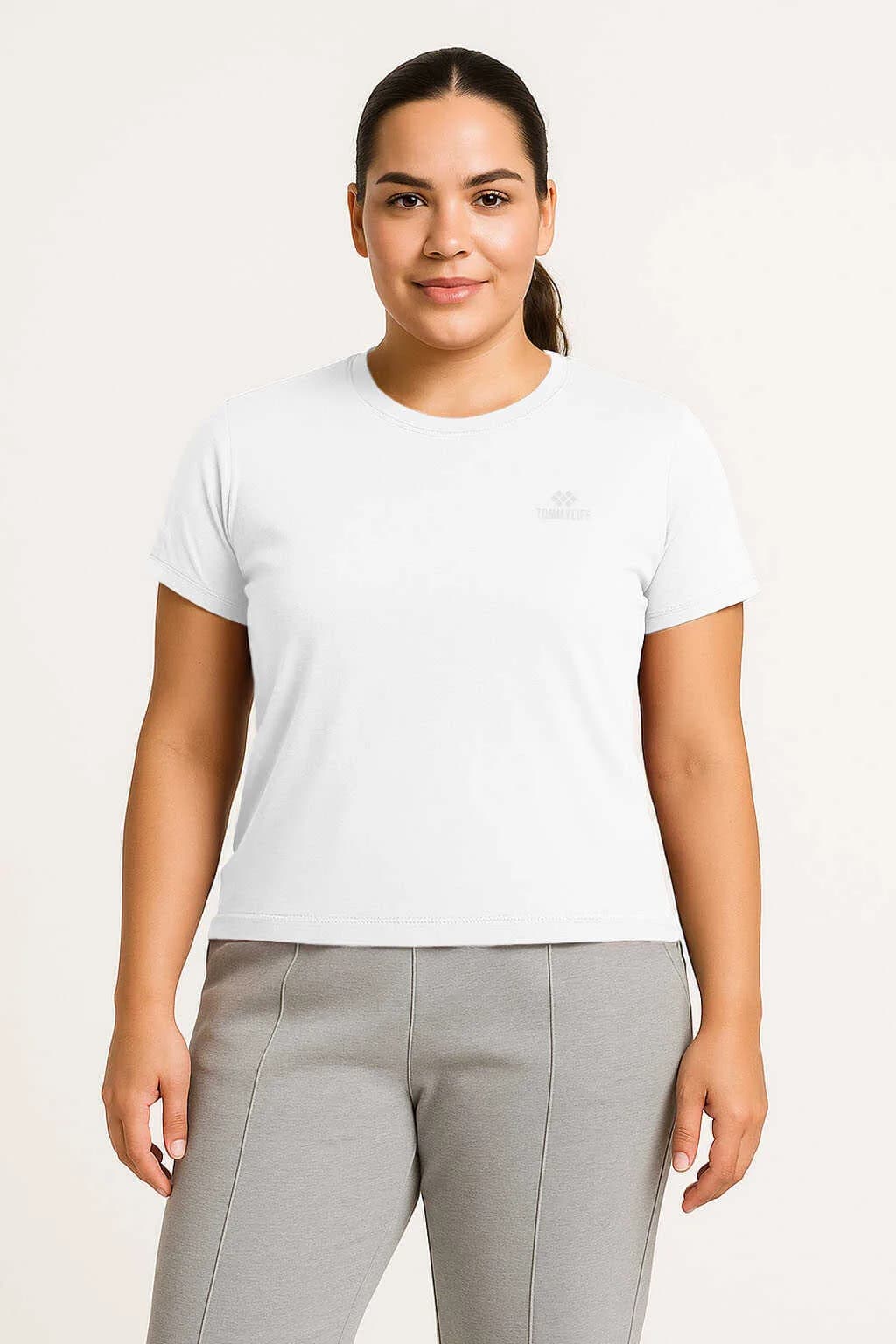 Tommylife Toptan Beyaz O Yaka Basic Battal Büyük Beden Kadın T-Shirt - 97308 - Beyaz