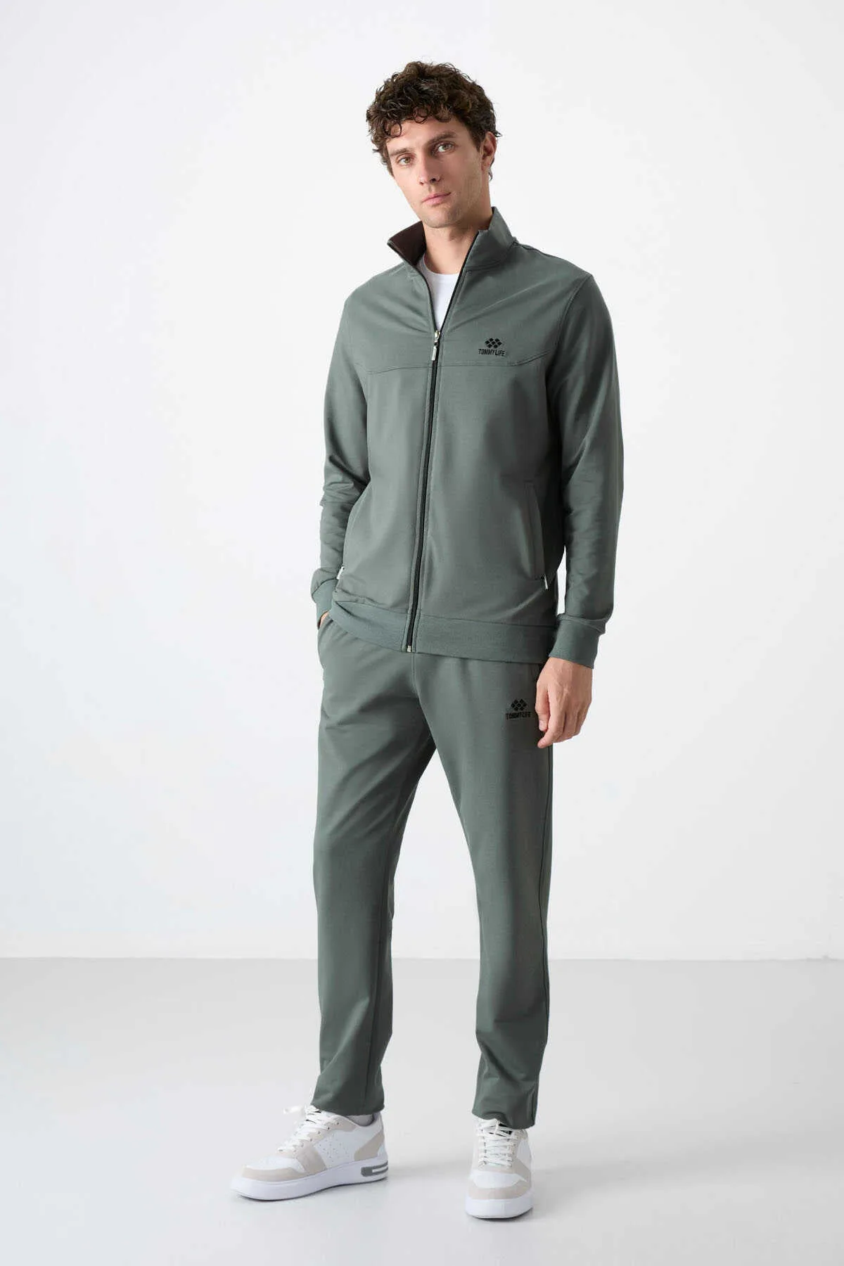 Tommylife Toptan Rahat Kalıp Fermuarlı Sweat Erkek Eşofman Takım 85072 Haki - HAKİ