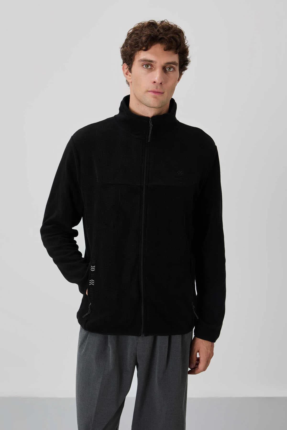 Tommylife Toptan Dik Yaka Standart Kalıp Fermuarlı Erkek Polar Sweatshirt 87992 Siyah - SİYAH