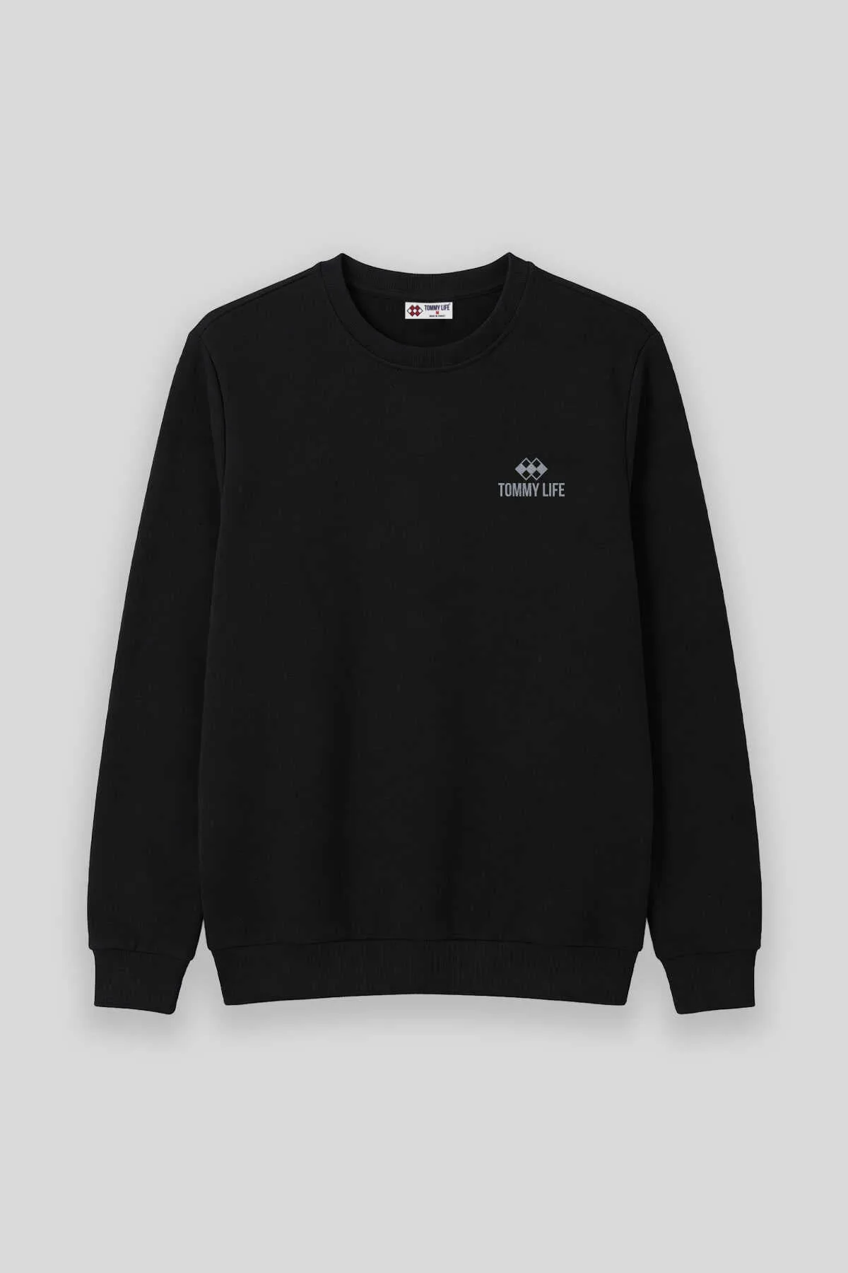 Tommylife Toptan Siyah Basic O Yaka Büyük Beden Erkek Sweatshirt - 88126 - SİYAH