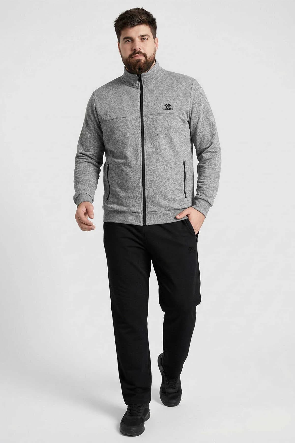 Tommylife Toptan Gri Melanj - Siyah Dik Yaka Klasik Paça Büyük Beden Erkek Eşofman Takım - 85176 - GRİ MELANJ/SİYAH