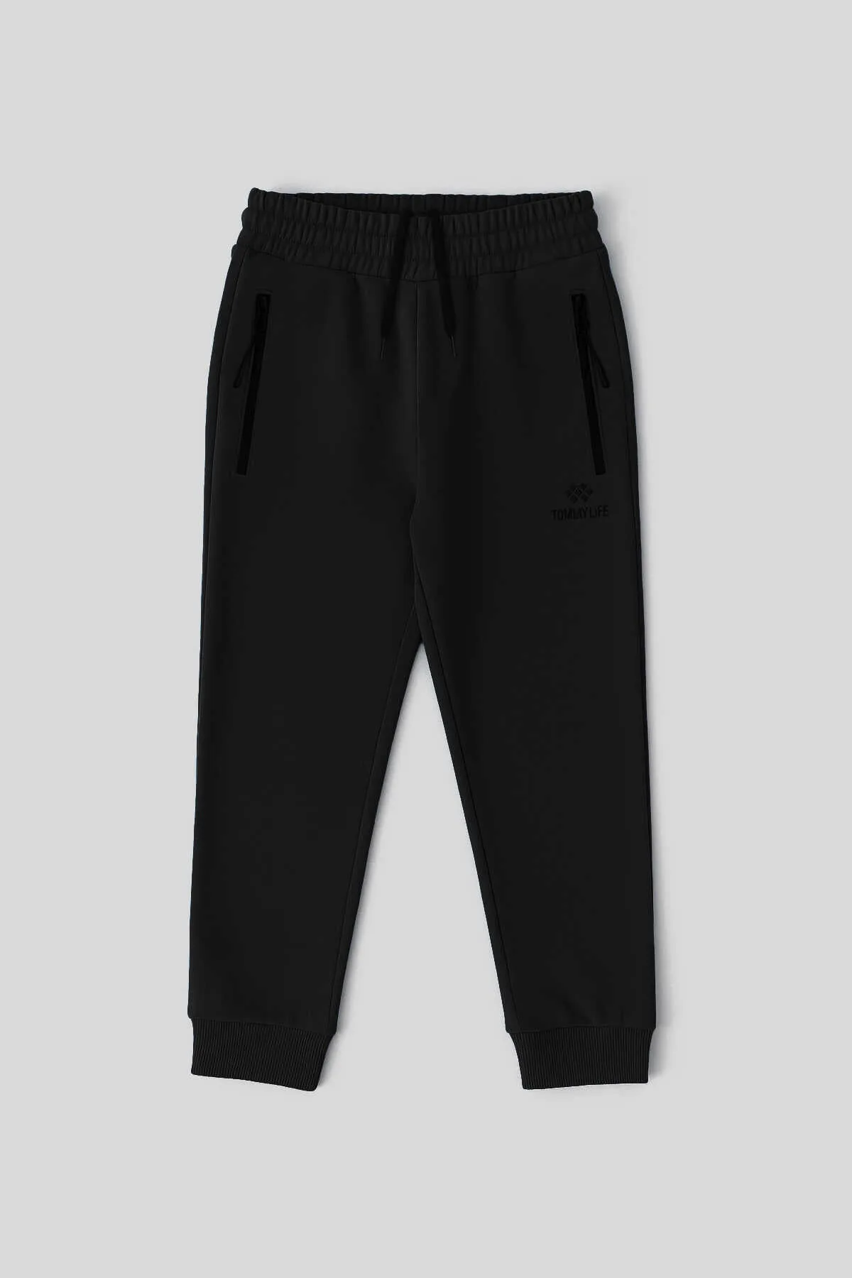 Tommylife Toptan Siyah Basic Fermuar Cepli Belden Bağcıklı Jogger Erkek Çocuk Eşofman Alt - 10798 - SİYAH