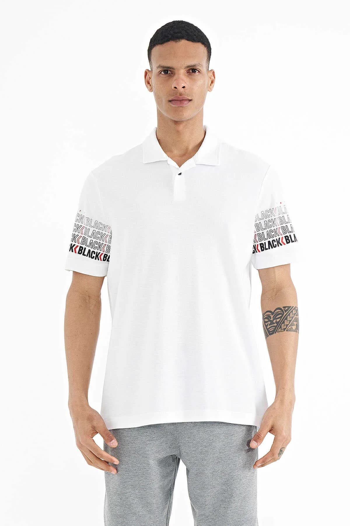 Tommylife Toptan Beyaz Kol Baskı Detaylı Polo Yaka Standart Form Erkek T-Shirt - 88240 - BEYAZ