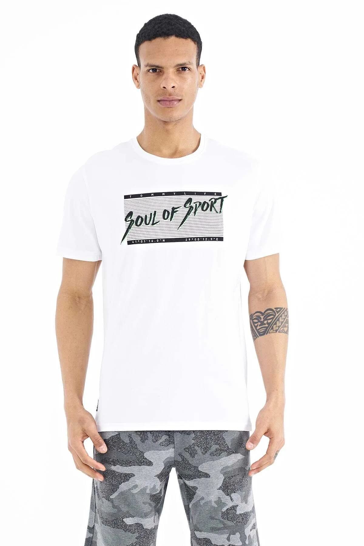 Tommylife Toptan Beyaz Yazı Desen Baskılı Standart Kalıp O Yaka Erkek T-Shirt - 88172 - BEYAZ