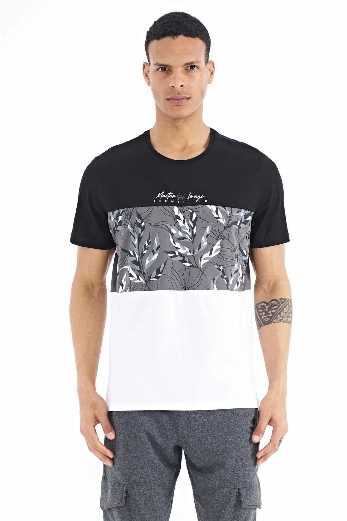 Tommylife Toptan Siyah Renk Geçişli Baskı Detaylı O Yaka Standart Kalıp Erkek T-Shirt - 88177 - SİYAH