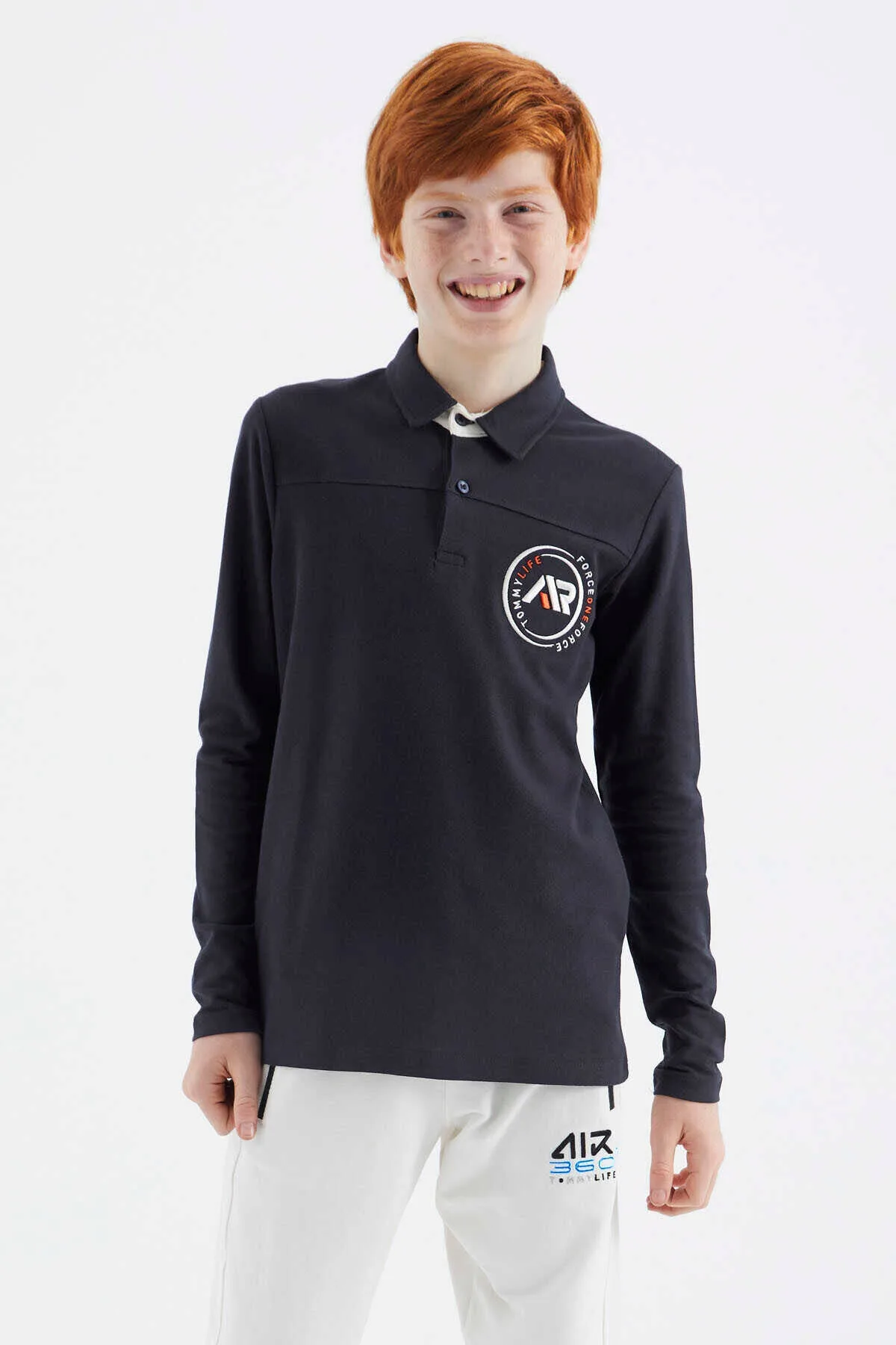 Tommylife Toptan Garson Boy Polo Yaka Standart Kalıp Basic Erkek Çocuk Sweatshirt 11172 Lacivert - LACİVERT