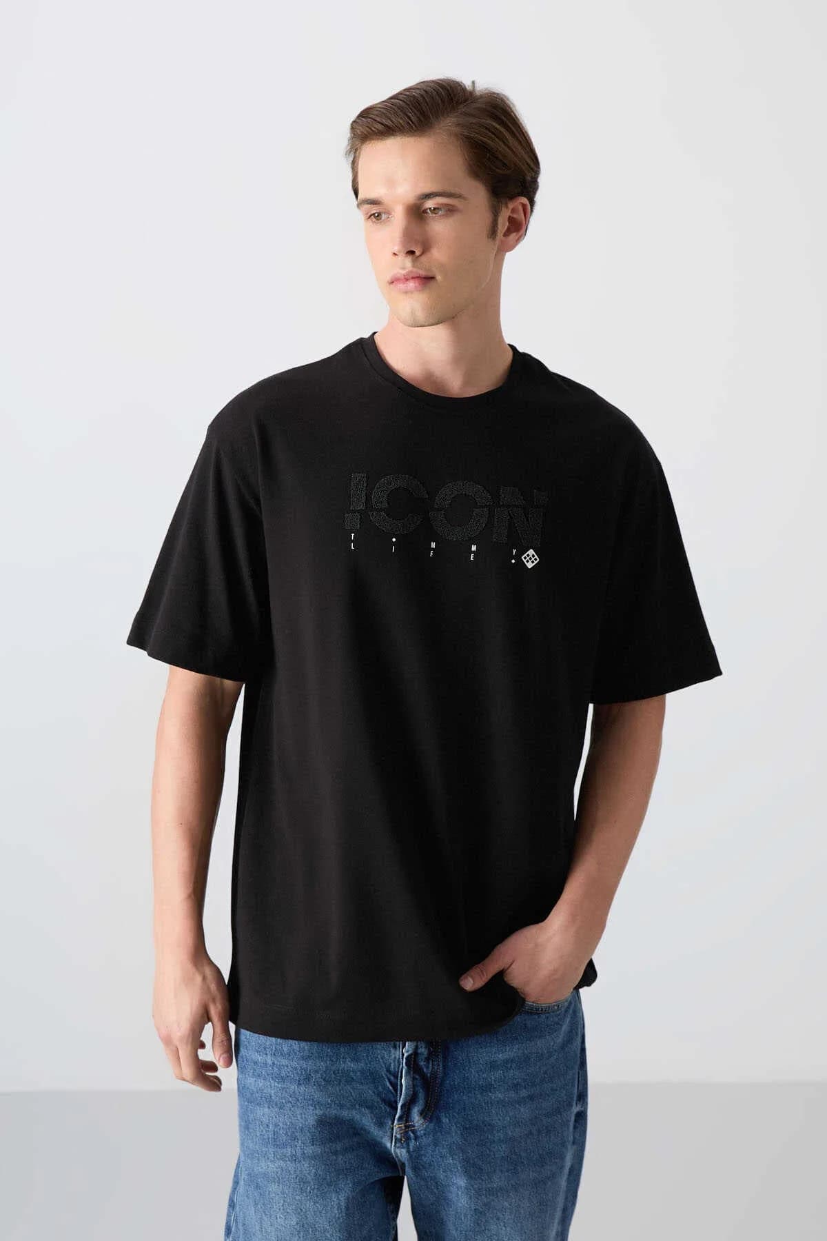 Tommylife Toptan O Yaka Oversize Baskılı Erkek T-Shirt 88331 Siyah - SİYAH