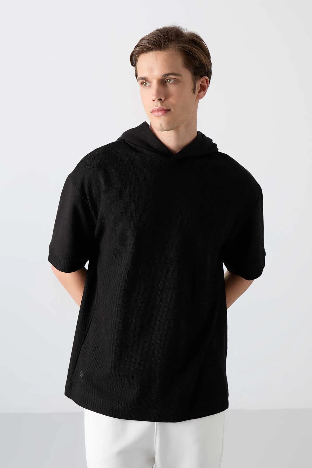 Tommylife Toptan Kapüşonlu Oversize Basic Erkek T-Shirt 88335 Siyah - SİYAH