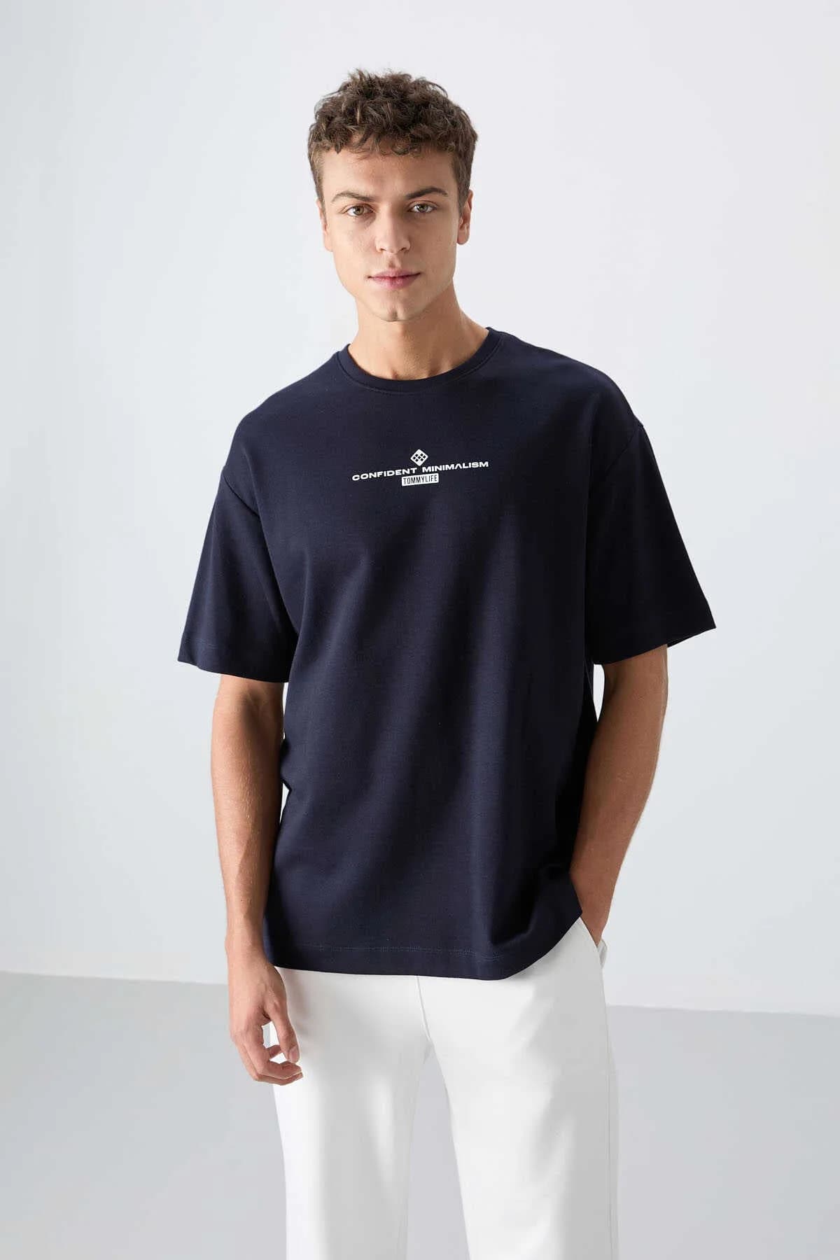 Tommylife Toptan O Yaka Oversize Baskılı Erkek T-Shirt 88321 Lacivert - LACİVERT