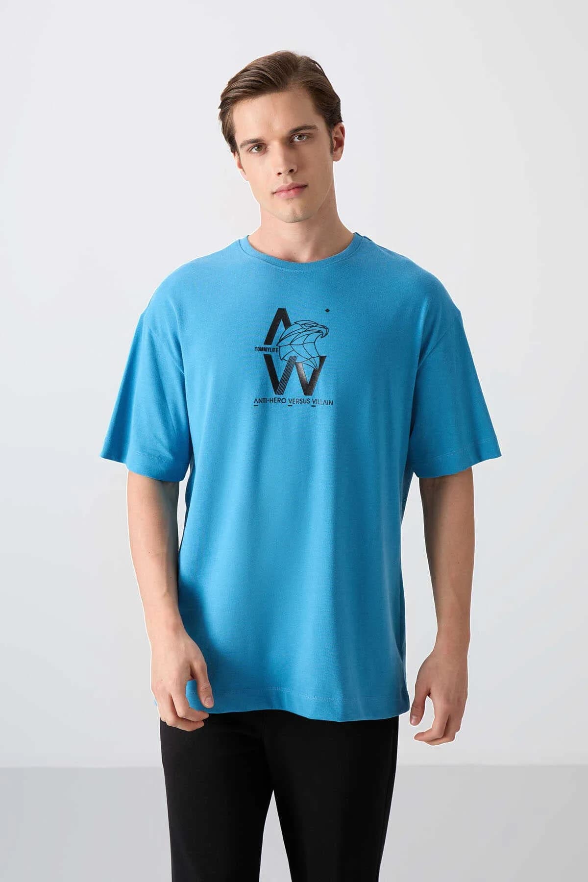 Tommylife Toptan O Yaka Oversize Baskılı Erkek T-Shirt 88332 Petrol Mavi - PETROL MAVİ