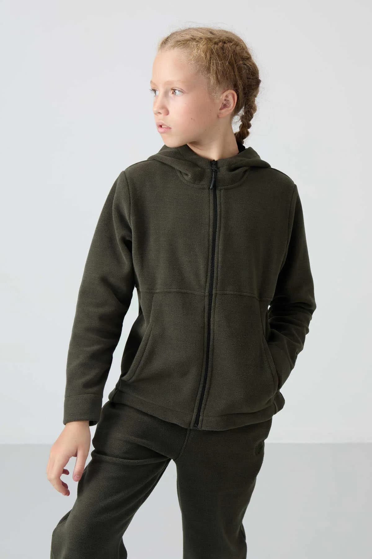 Tommylife Toptan 7-15 Yaş Kapüşonlu Standart Kalıp Kız Çocuk Polar Sweatshirt 75152 Haki - HAKİ
