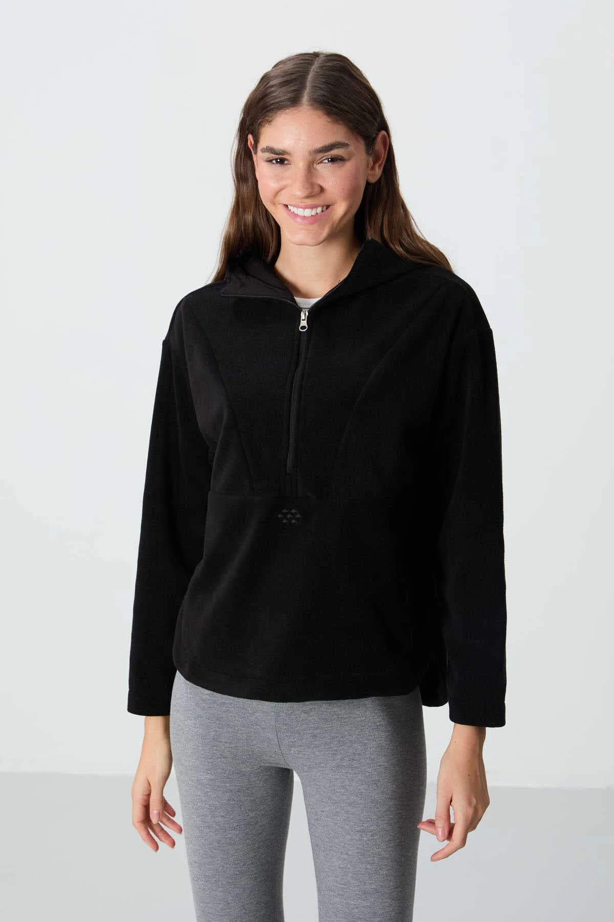 Tommylife Toptan Kapüşonlu Oversize Kadın Polar Sweatshirt 97286 Siyah - SİYAH