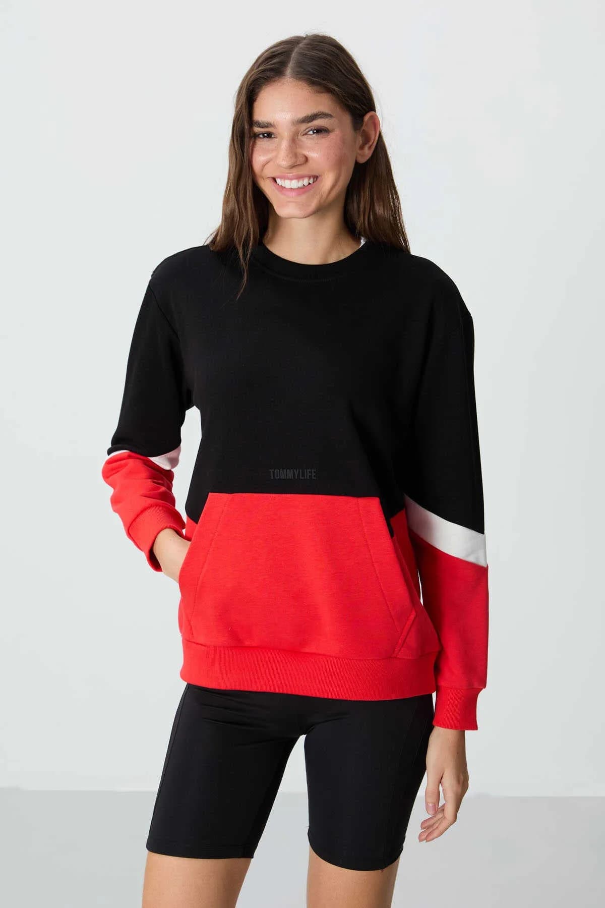 Tommylife Toptan O Yaka Oversize Kadın Sweatshirt 97289 Siyah - SİYAH