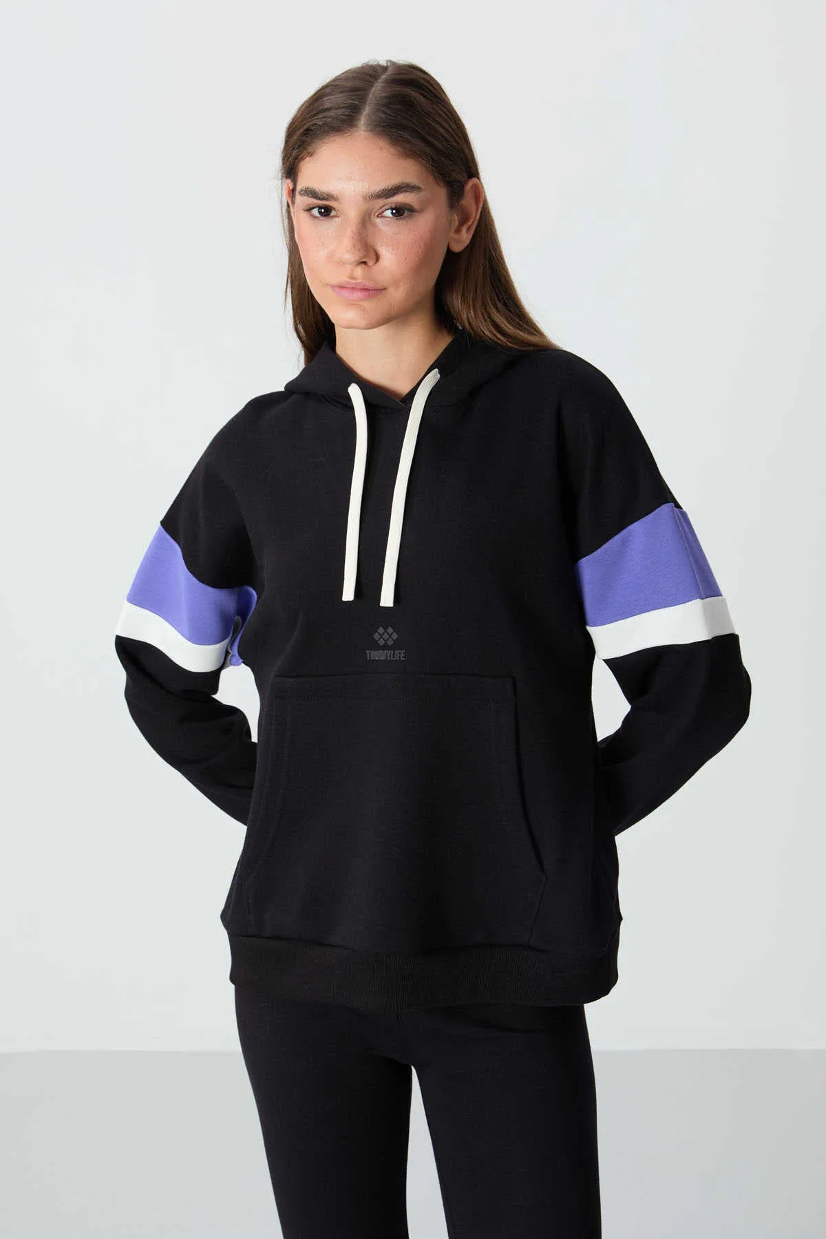 Tommylife Toptan Kapüşonlu Oversize Kadın Sweatshirt 97290 Siyah - SİYAH