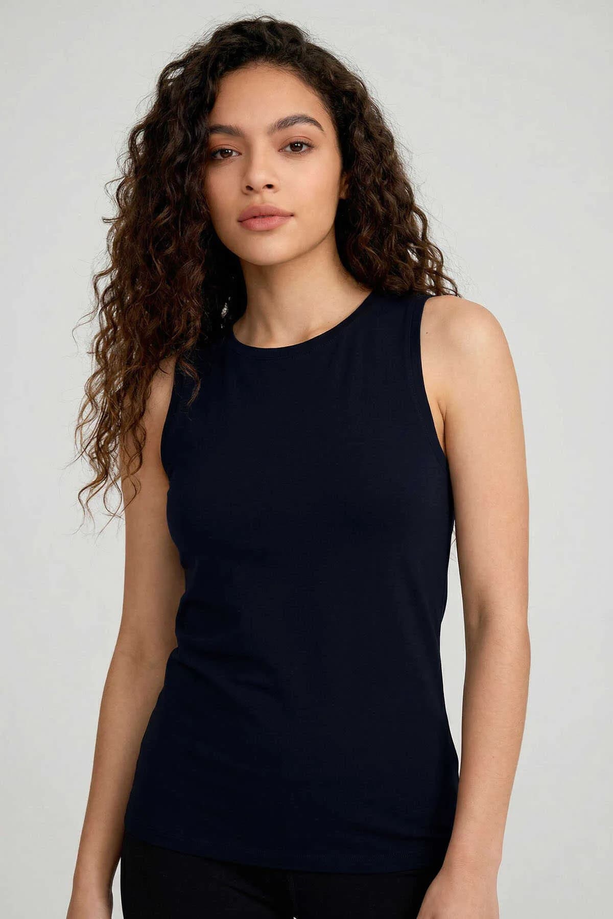 Tommylife Toptan Lacivert Slim Fit Basic O Yaka Sıfır Kol Kadın Atlet - 97313 - Lacivert