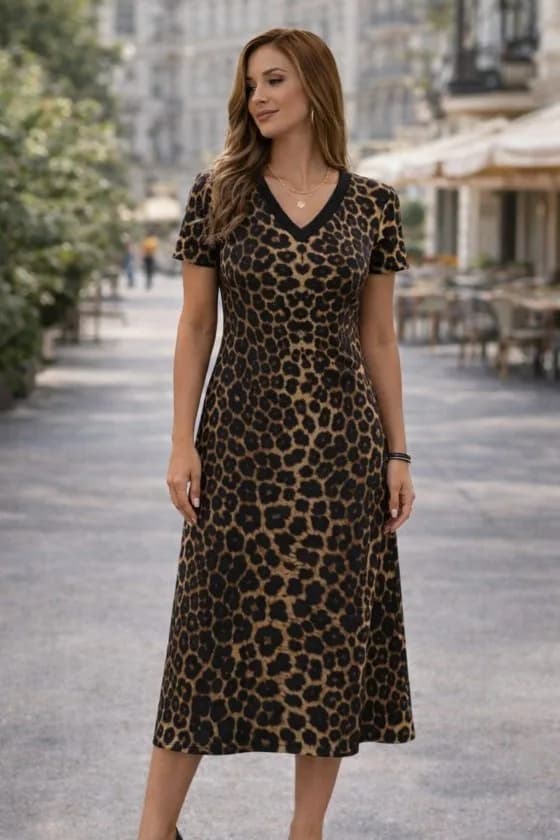 Kadın Kısa Kollu V Yakalı Leopar Desenli Kısa Süprem Elbise , 33177