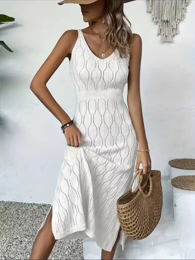 Kadın Askılı V Yakalı Uzun Triko Elbise , 32408