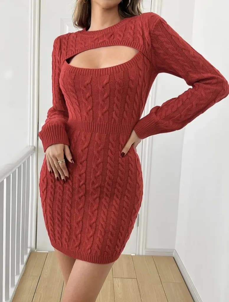 Kadın Uzun Kollu Yarı Balıkçı Yaka Pencere Göğüs Detay Mini Triko Elbise , 30650