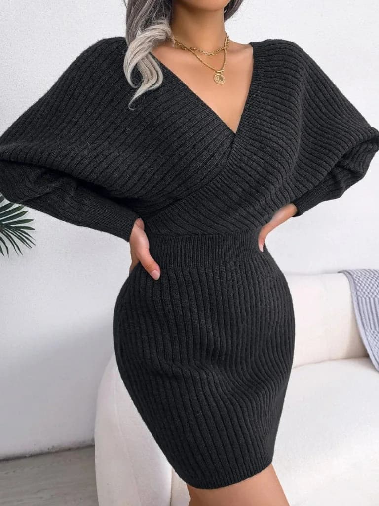 Kadın Uzun Kollu Kruvaze Geniş Yakalı Mini Triko Elbise , 30303