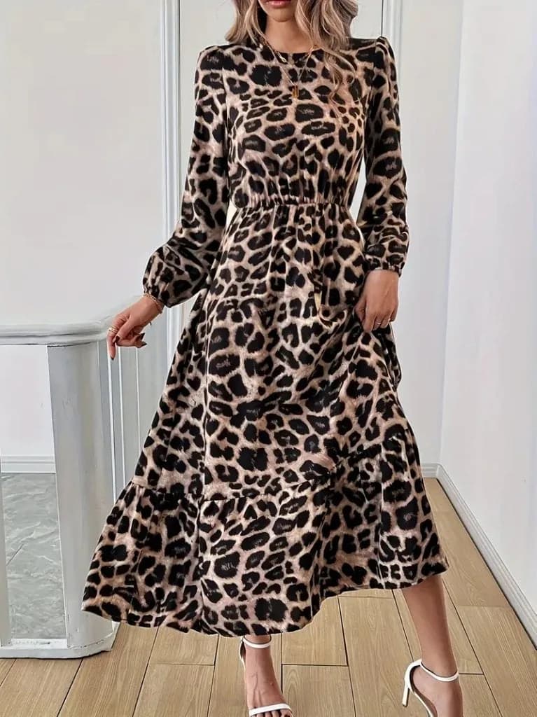 Uzun Kollu Bisiklet Yaka Leopar Desenli Midi Süprem Elbise, 28383